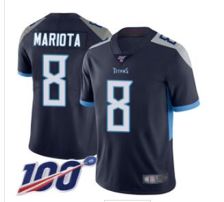 Titans #8 Marcus Mariota Navy Blue Team Color Men's Stitched Football 100th Season Vapor Limited Jersey