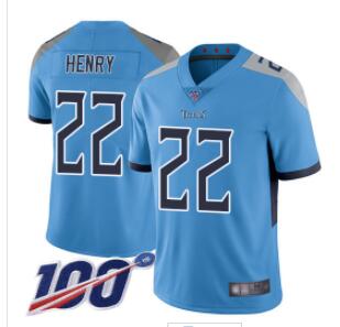 Titans #22 Derrick Henry Light Blue Alternate Men's Stitched Football 100th Season Vapor Limited Jersey