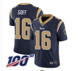 Rams #16 Jared Goff Navy Blue Team Color Men's Stitched Football 100th Season Vapor Limited Jersey