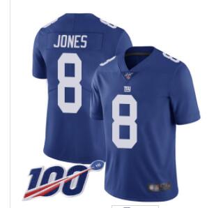 Giants #8 Daniel Jones Royal Blue Team Color Men's Stitched Football 100th Season Vapor Limited Jersey