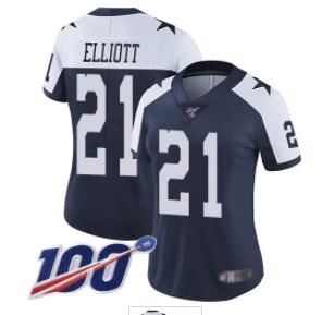Women Cowboys #21 Ezekiel Elliott Navy Blue Thanksgiving  Stitched Football 100th Season Vapor Throwback Limited Jersey