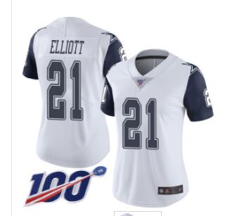 Nike Cowboys #21 Ezekiel Elliott White Women's Stitched NFL Limited Rush 100th Season Jersey