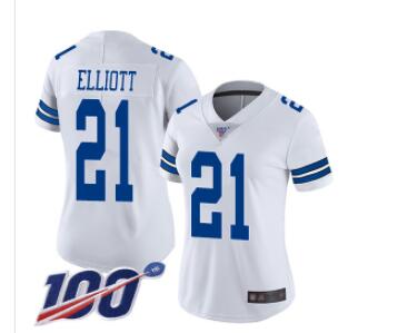 Nike Cowboys #21 Ezekiel Elliott White Women's Stitched NFL 100th Season Vapor Limited Jersey
