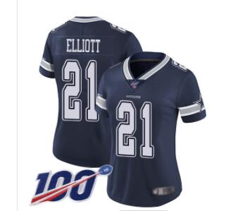 Nike Cowboys #21 Ezekiel Elliott Navy Blue Team Color Women's Stitched NFL 100th Season Vapor Limited Jersey