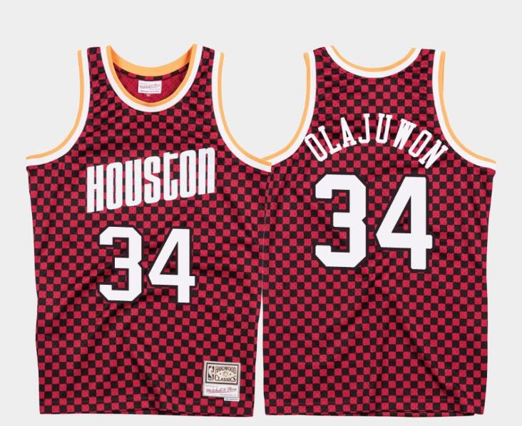 men's rockets hakeem olajuwon red checkerboard jersey