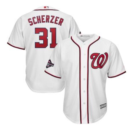 Men's Washington Nationals Max Scherzer Majestic White 2019 World Series Champions Home Cool Base Patch Player Jersey