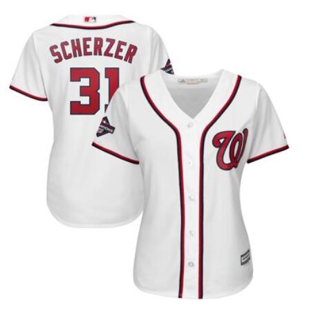 Women's Washington Nationals Max Scherzer Majestic White 2019 World Series Champions Home Cool Base Patch Player Jersey