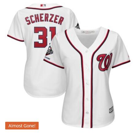 Women's Washington Nationals Max Scherzer Majestic White 2019 World Series Champions Home Official Cool Base Bar Patch Player Jersey