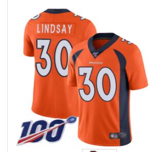 Broncos #30 Phillip Lindsay Orange Team Color Men's Stitched Football 100th Season Vapor Limited Jersey