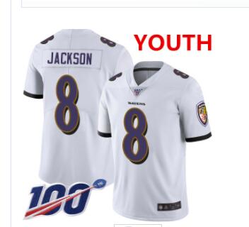 Nike Ravens #8 Lamar Jackson White Youth Stitched NFL 100th Season Vapor Limited Jersey