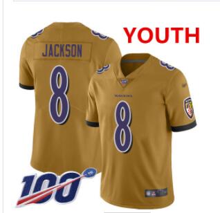 Nike Ravens #8 Lamar Jackson Gold Youth Stitched NFL Limited Inverted Legend 100th Season Jersey