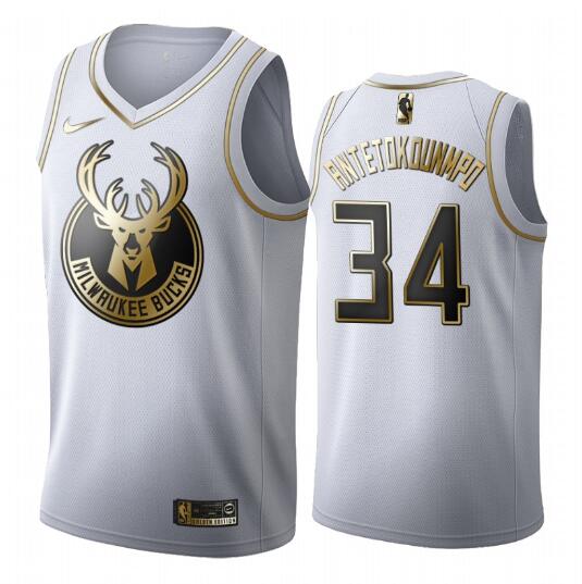 New Milwaukee Bucks #34 Giannis Antetokounmpo White 2019-20 Golden Edition Jersey