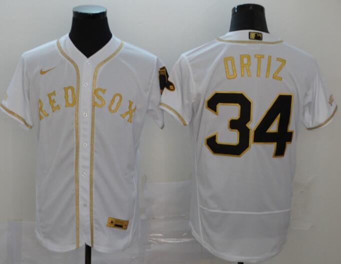 Men's Boston Red Sox #34 David Ortiz White With Gold Stitched MLB Flex Base Nike Jersey