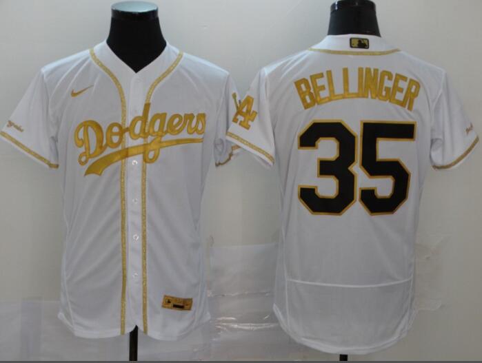 Men's Los Angeles Dodgers #35 Cody Bellinger White With Gold Stitched MLB Flex Base Nike Jersey