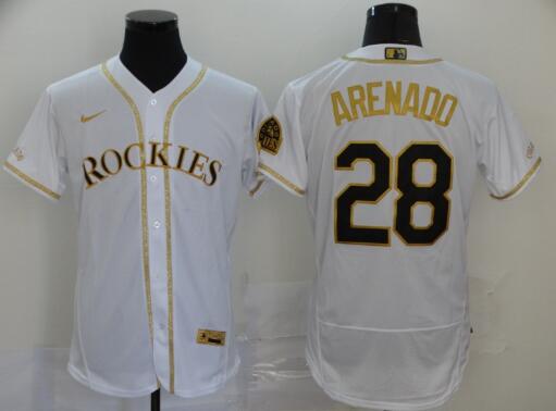 Men's Colorado Rockies #28 Nolan Arenado With Gold Stitched MLB Flex Base Nike Jersey