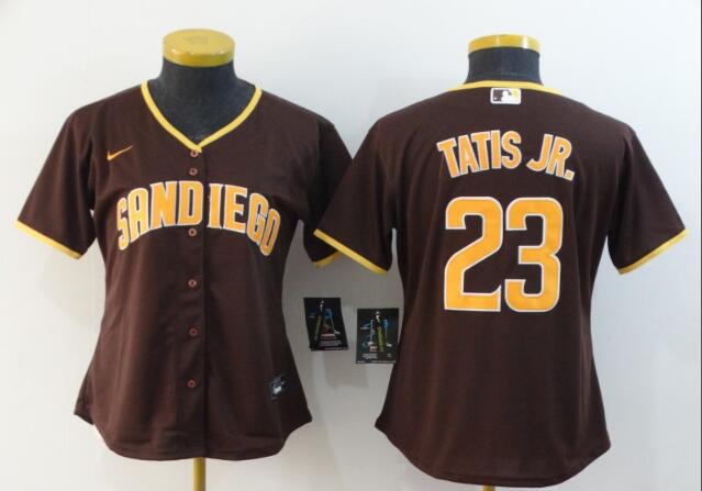 Women San Diego Padres #23 Fernando Tatis Jr. Brown Pinstripe Stitched MLB  Nike Jersey