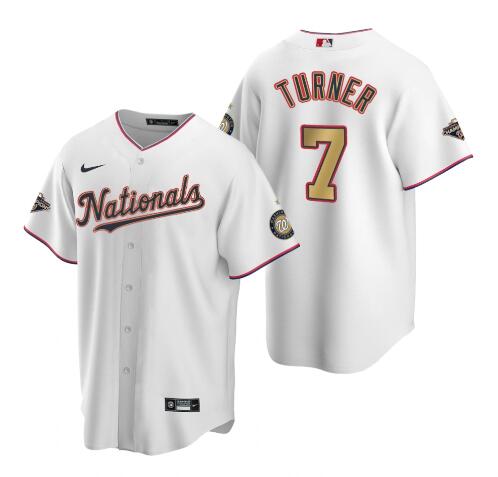 Men's Washington Nationals #7 Trea Turner White Gold 2019 World Series Champions Stitched MLB Cool Base Nike Jersey