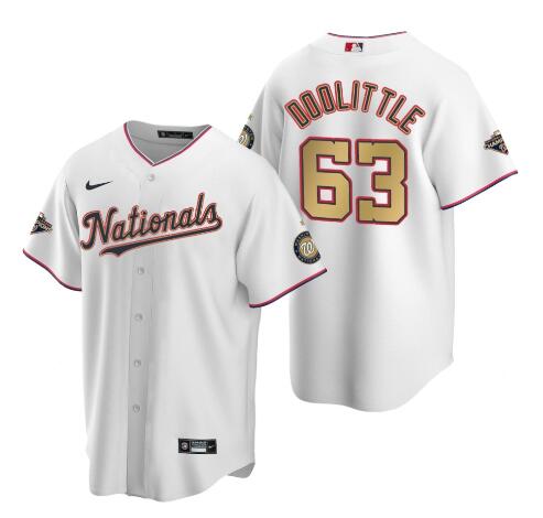 Men's Washington Nationals #63 Sean Doolittle White Gold 2019 World Series Champions Stitched MLB Cool Base Nike Jersey