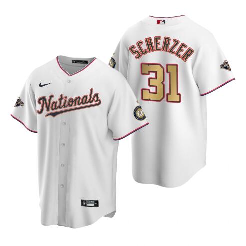 Men's Washington Nationals #31 Max Scherzer White Gold 2019 World Series Champions Stitched MLB Cool Base Nike Jersey