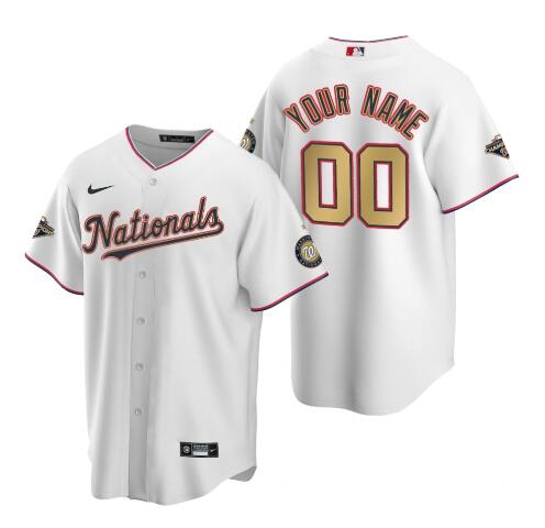 custom men's Washington Nationals White Gold 2019 World Series Champions Stitched MLB Cool Base Nike Jersey with any name and Number