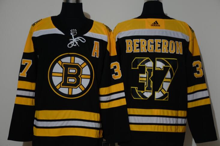 Men's Boston Bruins #37 Patrice Bergeron Black With Team Logo Adidas Stitched NHL Jersey