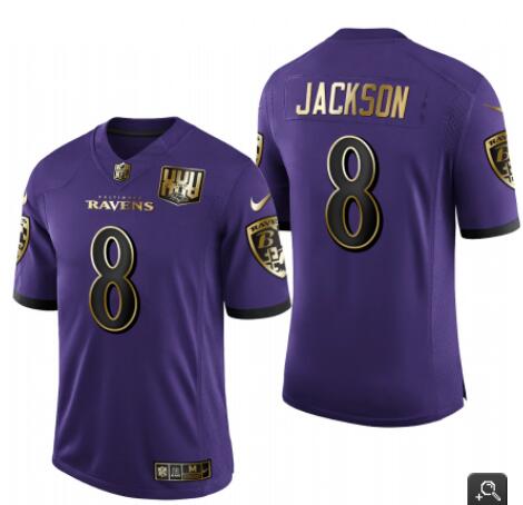 Men's Baltimore Ravens #8 Lamar Jackson Purple 2020 Golden Limited Stitched Jersey