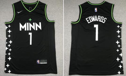 Mens Anthony Edwards #1 Minnesota Timberwolves Jersey City Edition 2020-21   Black