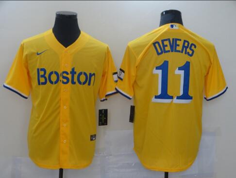 Men's Boston Red Sox  #11 Rafael Devers Nike Gold/Light Blue 2021 City Connect Stitched Jersey