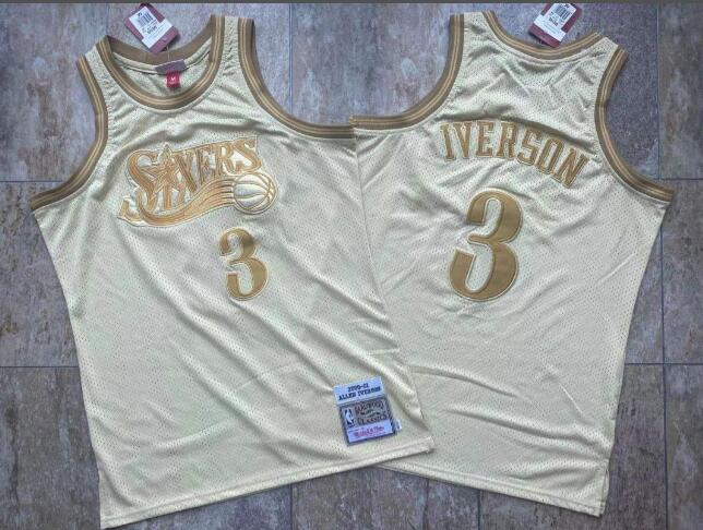 Men's Allen Iverson 3 Philadelphia 76ers Mitchell & Ness Midas Swingman Metallic Gold Jersey High Quality