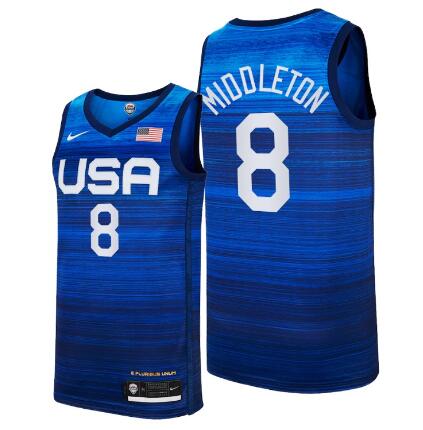 Men's USA Basketball #8 Khris Middleton Tokyo Olympics 2021 Blue Jersey Away
