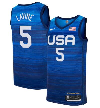 Men's USA Basketball #5 Zach LaVine Tokyo Olympics 2021 Blue Jersey Away