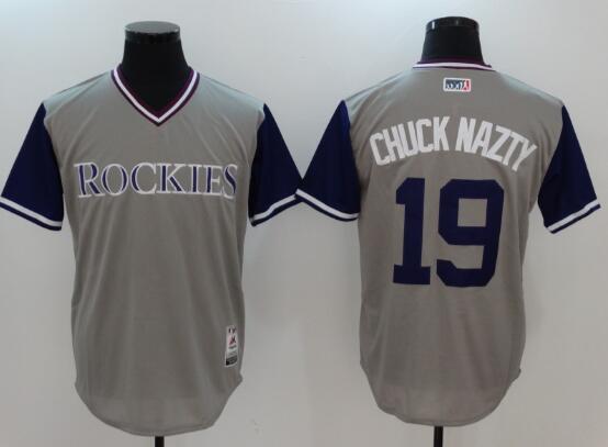 Men's Colorado Rockies #19 Charlie Blackmon 'Chuck Nazty' Jersey Gray