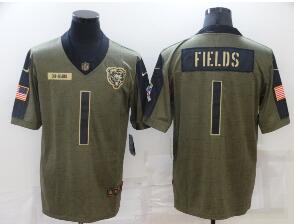 Men's Chicago Bears #1 Justin Fields 2021 Olive Salute To Service Limited Stitched Jersey