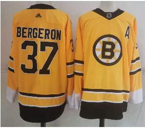 Men's Boston Bruins #37 Patrice Bergeron Yellow Adidas 2020-21 Stitched NHL Jersey