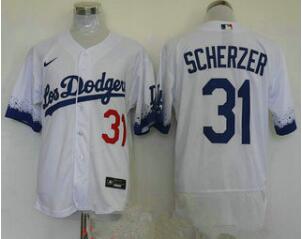 men's los angeles dodgers #31 max scherzer white 2021 city connect flex base stitched jersey