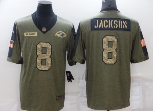 Men's Olive Baltimore Ravens #8 Lamar Jackson 2021 Camo Salute To Service Limited Stitched Jersey