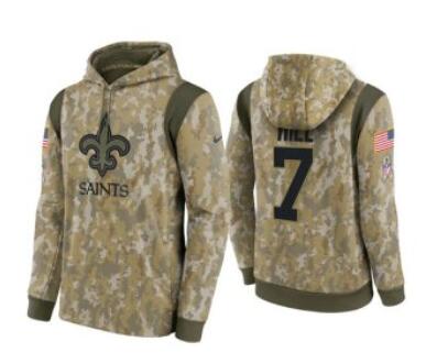 Men's New Orleans Saints #7 Taysom Hill Camo 2021 Salute To Service Therma Performance Pullover Hoodie