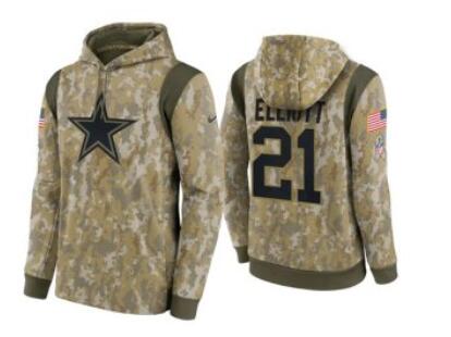 Men's Dallas Cowboys #21 Ezekiel Elliott Camo 2021 Salute To Service Therma Performance Pullover Hoodie