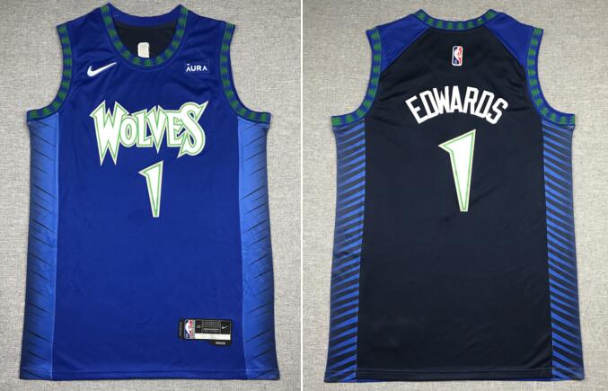 Nike Men's 2021-22 City Edition Minnesota Timberwolves Anthony Edwards #1 Blue  Stitched Jersey