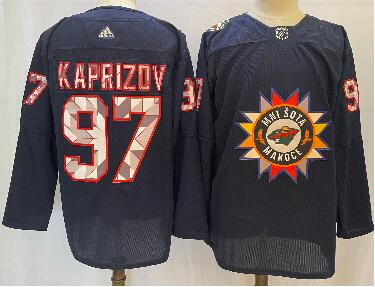Men's Minnesota Wild #97 Kirill Kaprizov 2022 Navy Native American Heritage Day Stitched Jersey