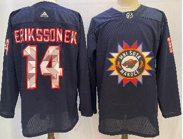 Men's Minnesota Wild #14 Joel Eriksson Ek 2022 Navy Native American Heritage Day Stitched Jersey