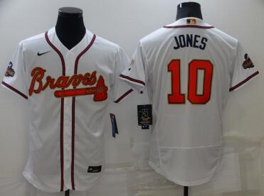 Men's Atlanta Braves #10 Chipper Jones 2022 White Gold World Series Champions Program Flex Base Stitched Baseball Jersey