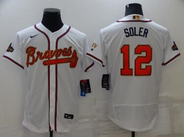 Men's Atlanta Braves #12 Jorge Soler 2022 White Gold World Series Champions Program Flex Base Stitched Baseball Jersey