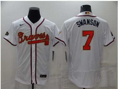 Men's Atlanta Braves#7 Dansby Swanson 2022 White Gold World Series Champions Program Flex Base Stitched Baseball Jersey