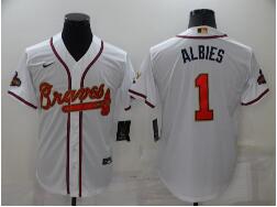 Men's Atlanta Braves #1 Ozzie Albies 2022 White Gold World Series Champions Program Cool Base Stitched Baseball Jersey