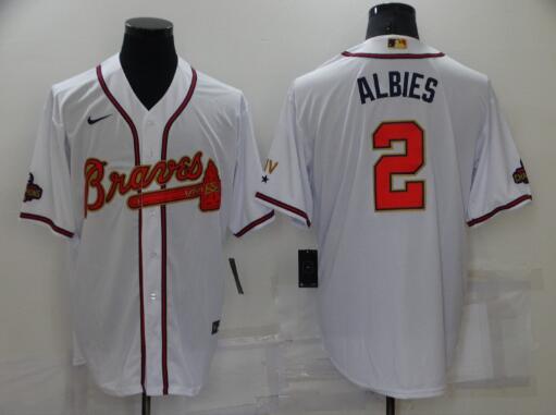 Men's Atlanta Braves #2  Albies 2022 White Gold World Series Champions Program  Stitched Baseball Jersey