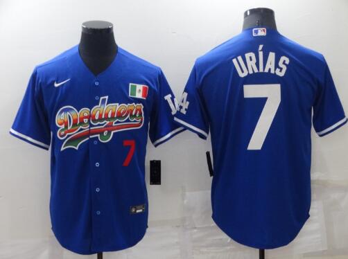 Men's Los Angeles Dodgers #7 Julio Urias Blue With Red Stitched MLB Cool Base Nike Fashion Jersey