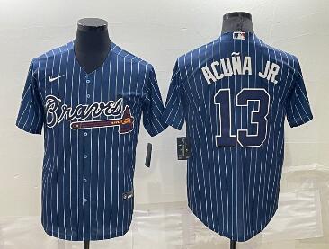 Men's Atlanta Braves #10 Chipper Jones Navy Blue Pinstripe Stitched MLB Cool Base Nike Jersey