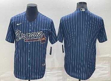 Men's Atlanta Braves Blank Navy Blue Pinstripe Stitched MLB Cool Base Nike Jersey