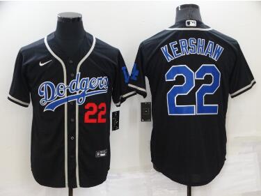 Men's Los Angeles Dodgers #22 Clayton Kershaw Black Blue Name Stitched MLB Cool Base Nike Jersey
